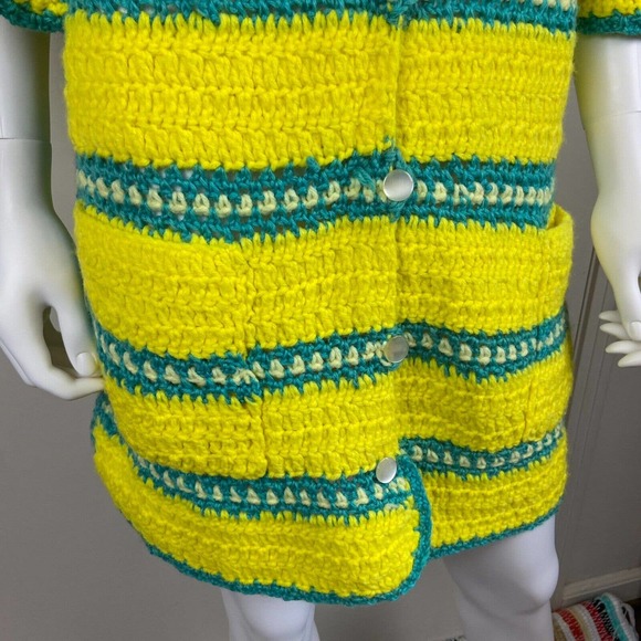 Vintage 70s Handmade Knit Yellow Striped Crochet Sweater Cape Cardigan Sweater - Picture 5 of 10